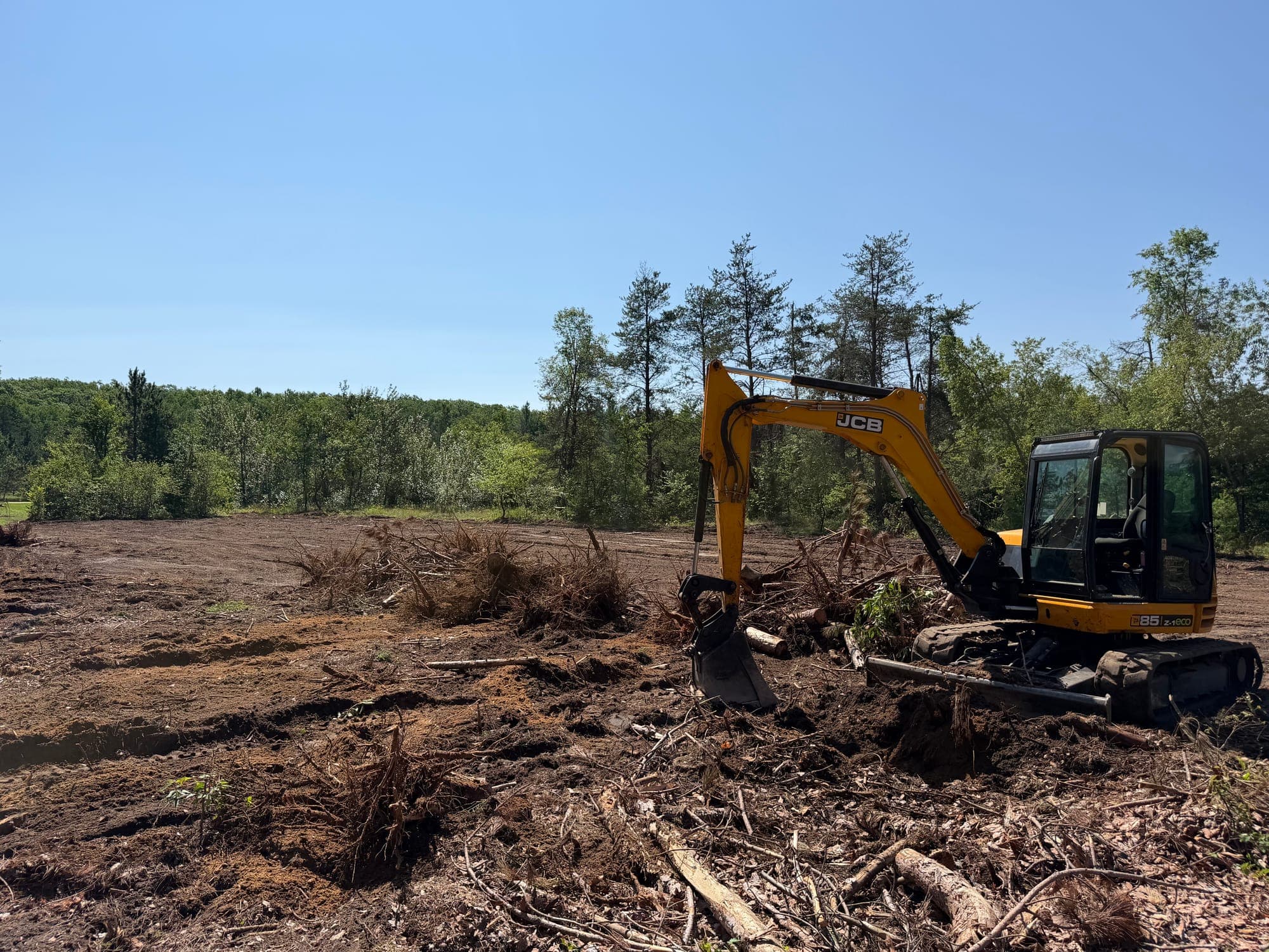Excavator processing roots and vegetation during forestry clearing